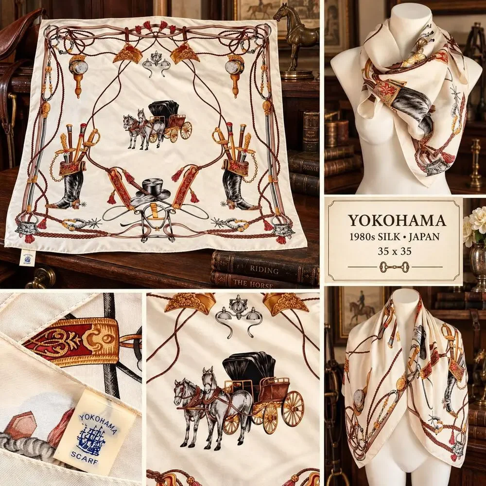 Vintage Yokohama Silk Scarf Equestrian Horse Carriage Motif 1980s Japan 35x35